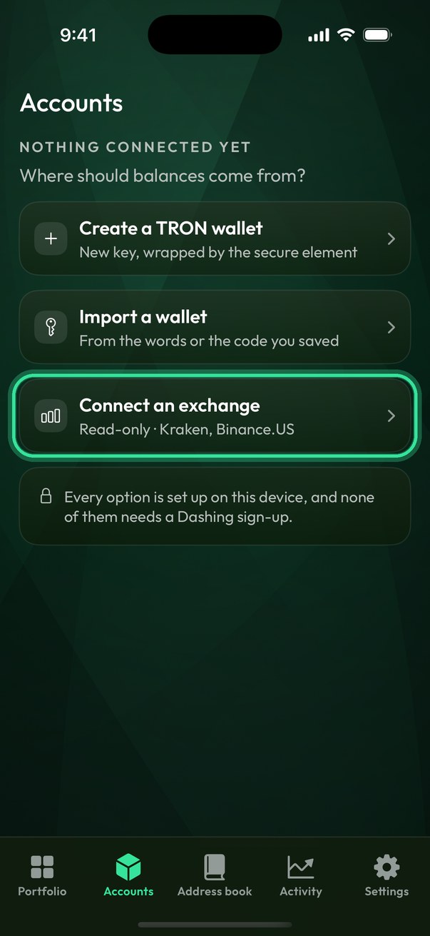 La pantalla Accounts (Cuentas), antes de conectar nada: la tercera fila es Connect an exchange (Conectar un exchange).