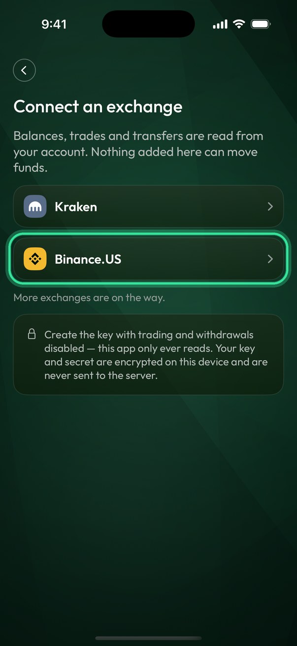 La pantalla Connect an exchange (Conectar un exchange): Binance.US es la segunda fila.