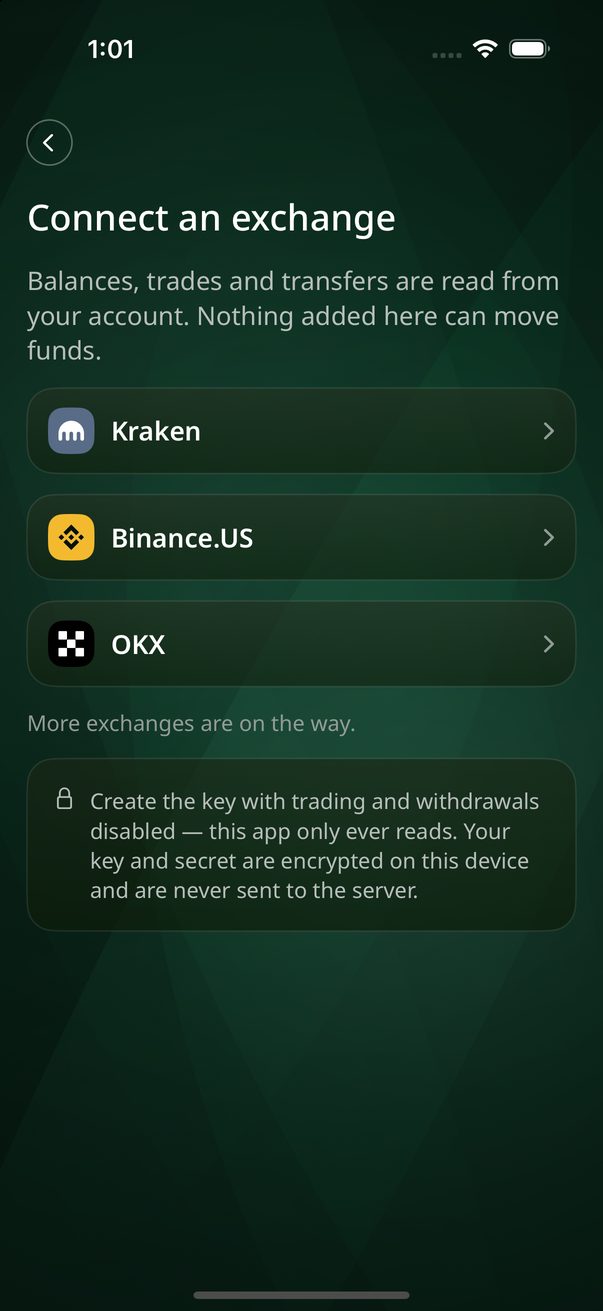 La pantalla Connect an exchange (Conectar un exchange): OKX es la tercera fila.