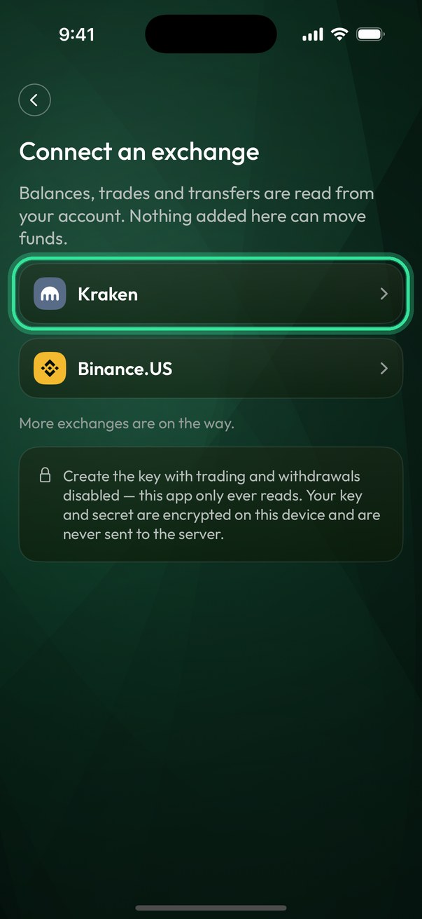 La pantalla Connect an exchange (Conectar un exchange): Kraken es la primera fila.