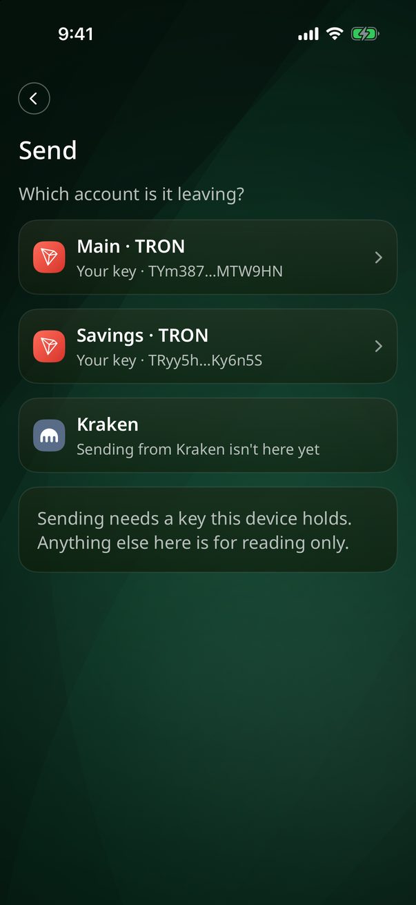 Primeiro passo de um envio: você pode escolher uma das suas contas TRON, e a Kraken aparece em cinza porque a chave de API da corretora só consegue ver o saldo.