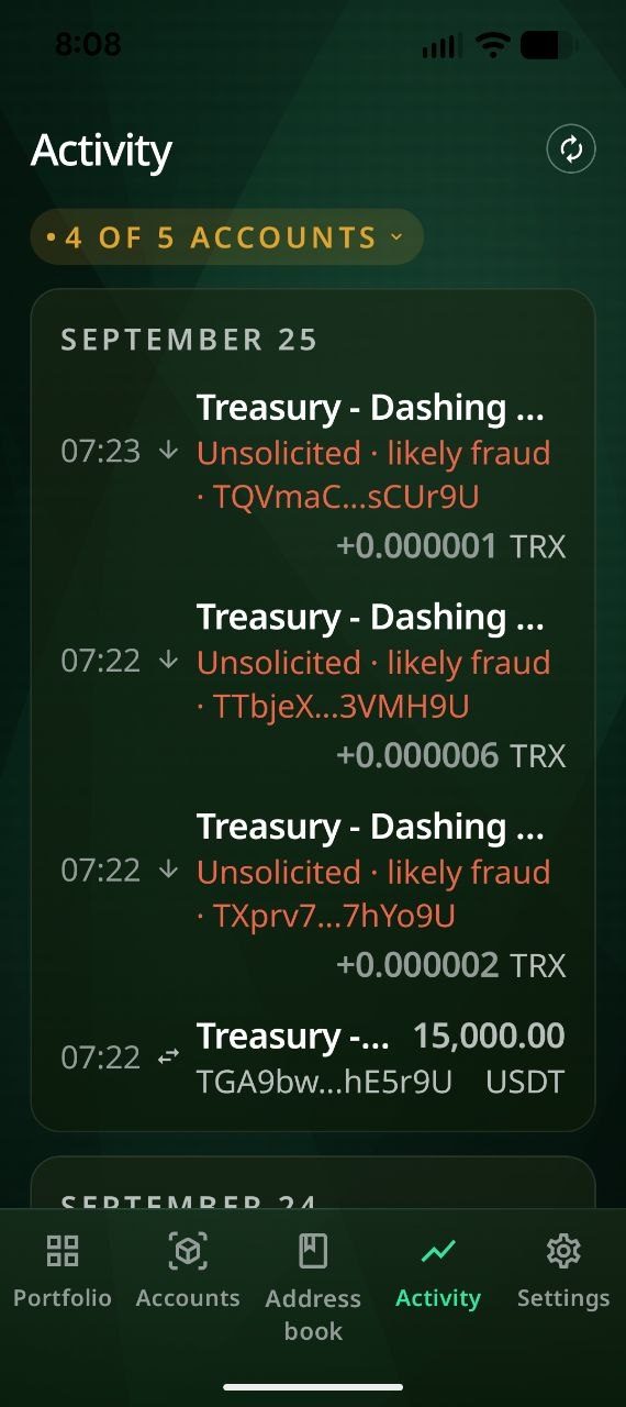 Activity in Dashing Crypto with the Unsolicited transfers switch on: three tiny transfers from strangers are marked Unsolicited · likely fraud.
