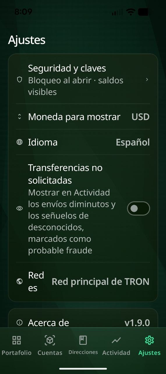 “Ajustes” en Dashing Crypto: el interruptor “Transferencias no solicitadas” está apagado, y esas transferencias no aparecen en “Actividad”.