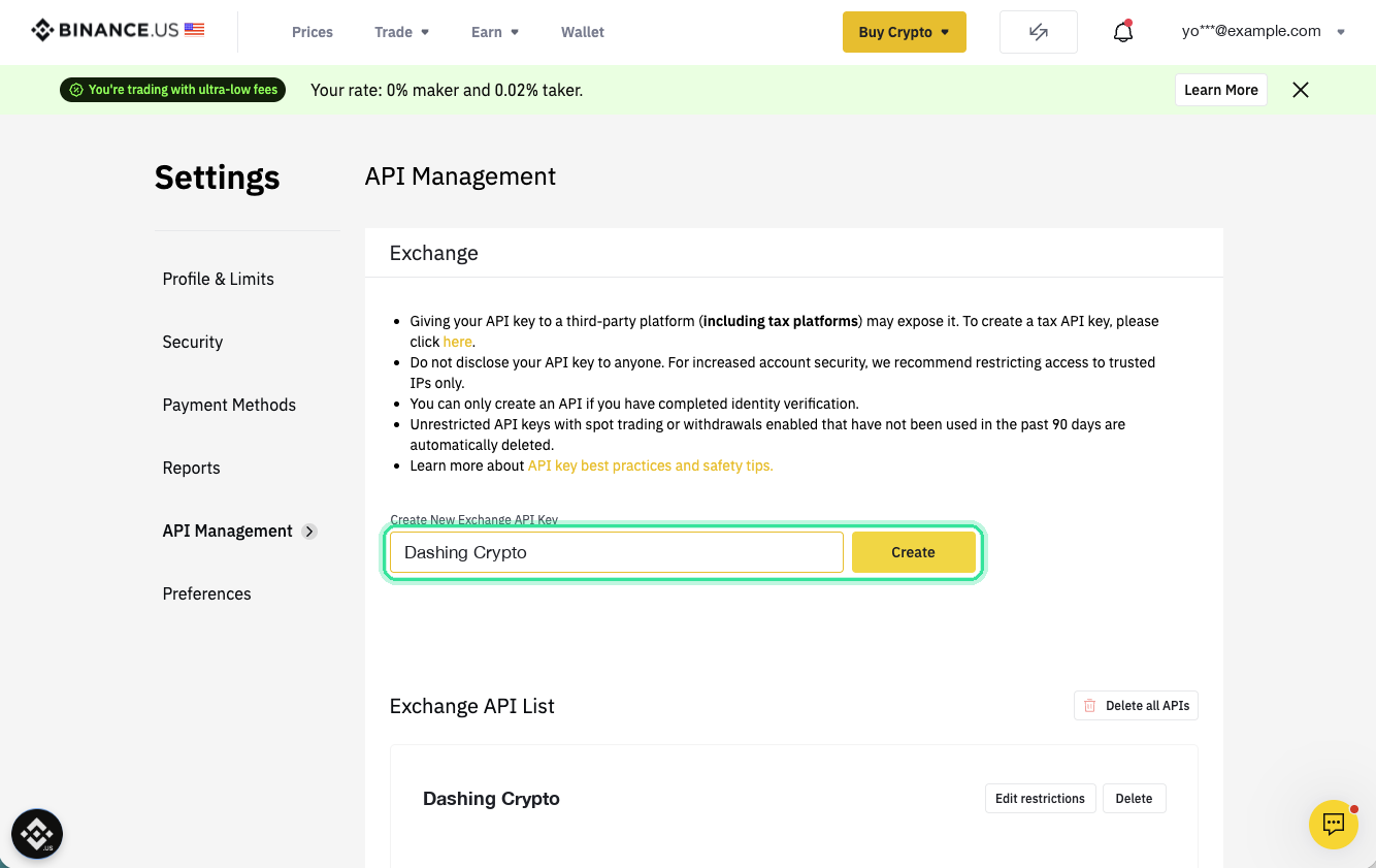 La página API Management, con un nombre escrito bajo Create New Exchange API Key y el botón Create al lado.