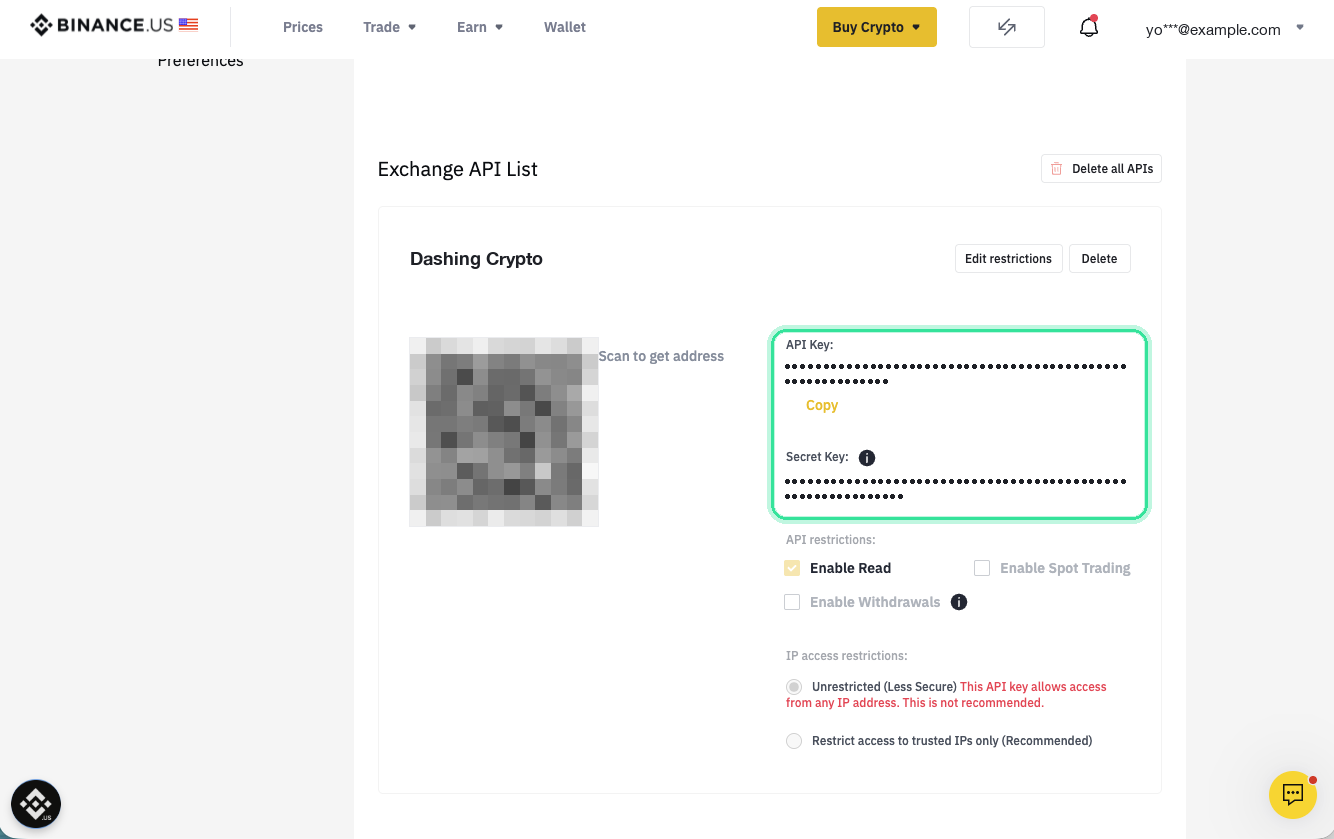 La clave nueva en la Exchange API List: su API key y su secret key, Enable Read marcada, operaciones y retiros sin marcar, y el acceso por IP en Unrestricted.