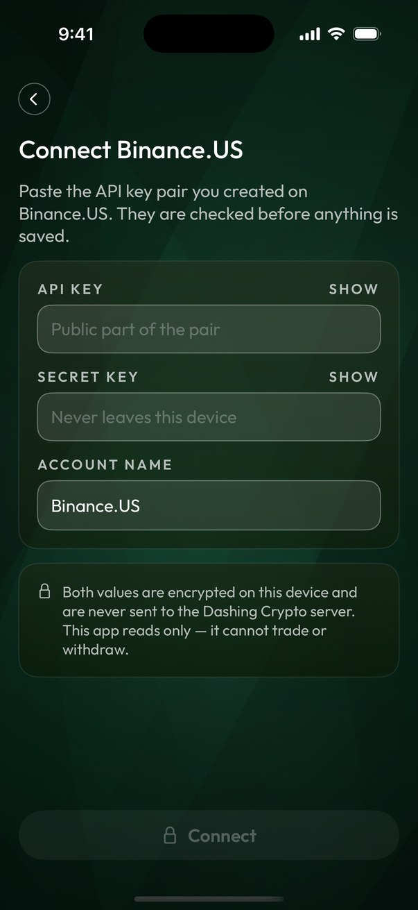 La pantalla Connect Binance.US (Conectar Binance.US): los campos API key y Secret key, y la nota de que la clave solo lee.