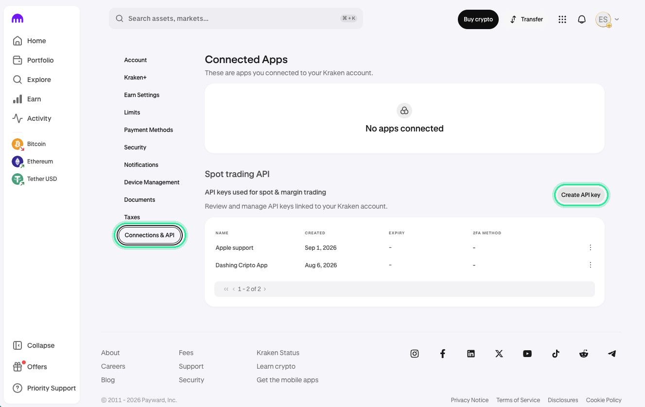 La configuración de la cuenta de Kraken con Connections & API elegido en la lista de la izquierda. Tus claves aparecen bajo Spot trading API, junto al botón Create API key.