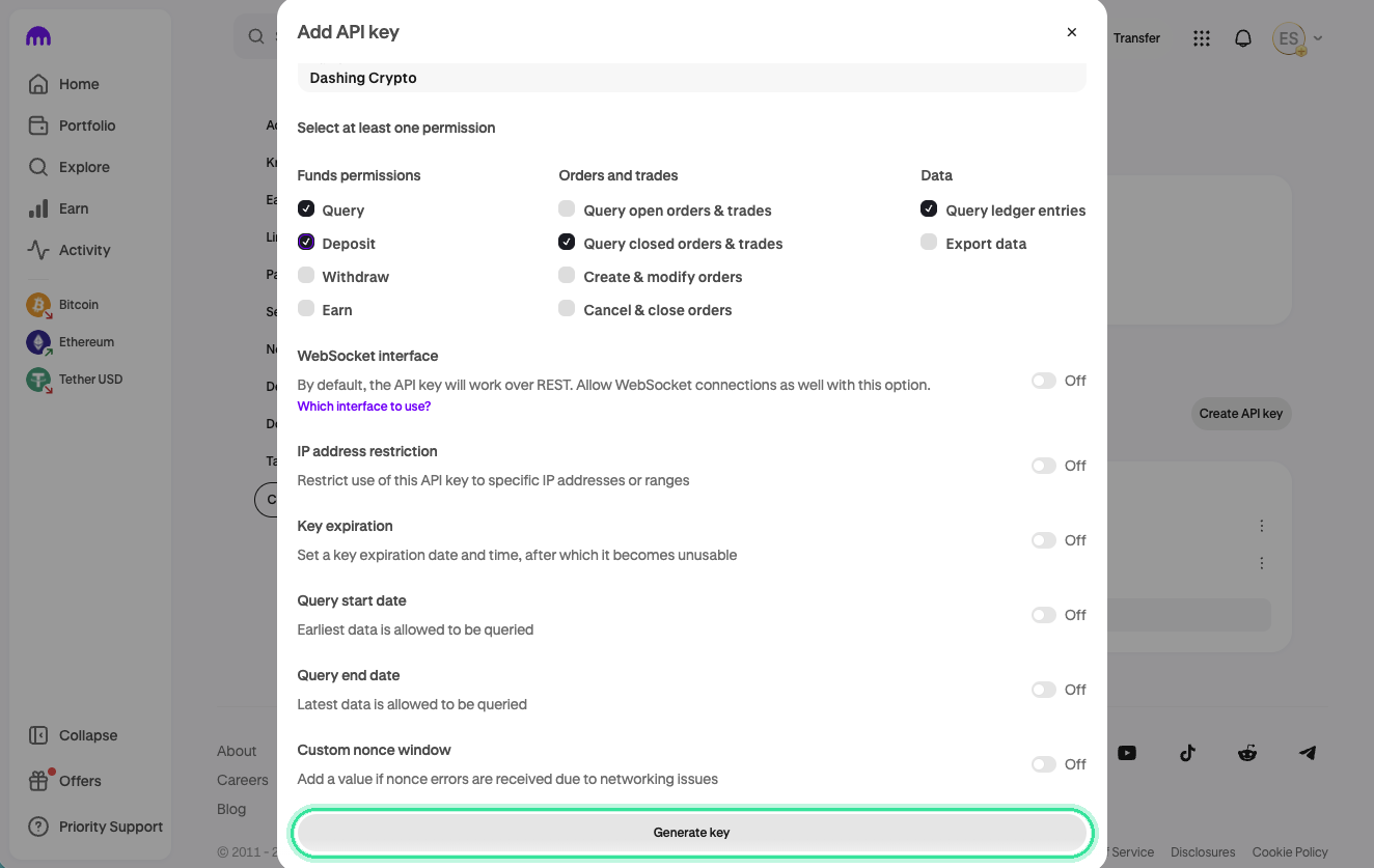 El cuadro Add API key de Kraken, con el nombre Dashing Crypto. Query, Deposit, Query closed orders & trades y Query ledger entries están marcadas, y todos los interruptores de abajo están apagados.