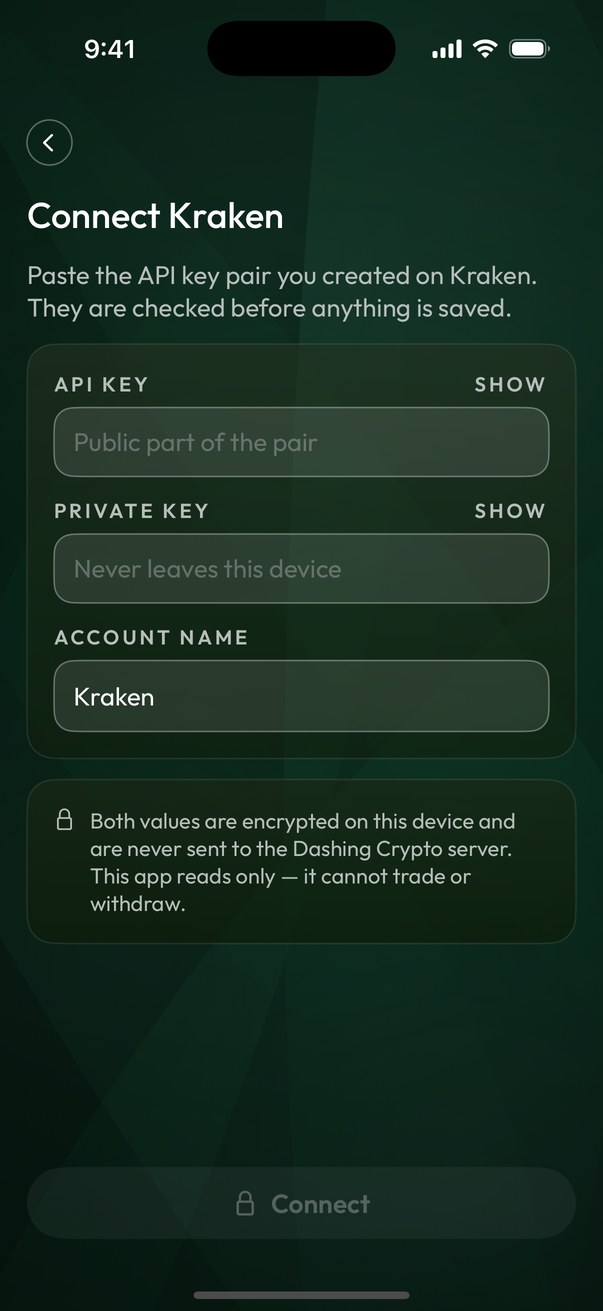 La pantalla Connect Kraken (Conectar Kraken): los campos API key y Private key, y la nota de que la clave solo lee.