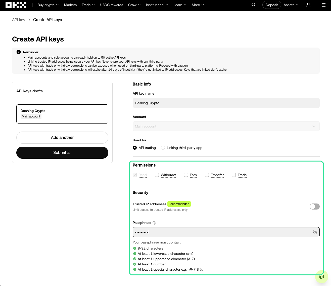 La página Create API keys: un nombre escrito, Read como único permiso marcado, Trusted IP addresses apagado y una frase de contraseña escrita.