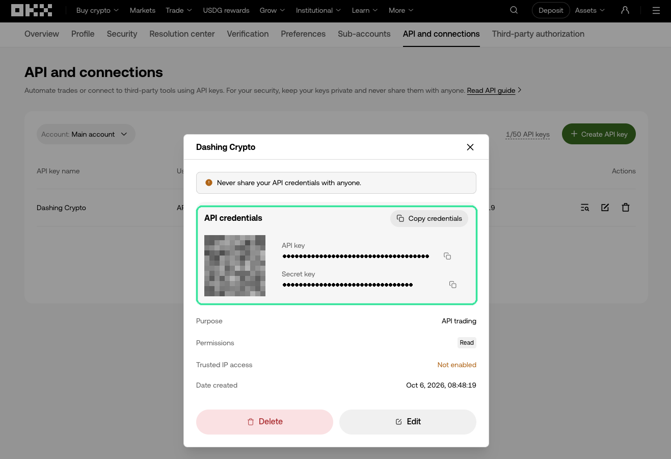 La clave nueva abierta: su API key y su secret key, el permiso Read, y el acceso por IP de confianza sin activar.