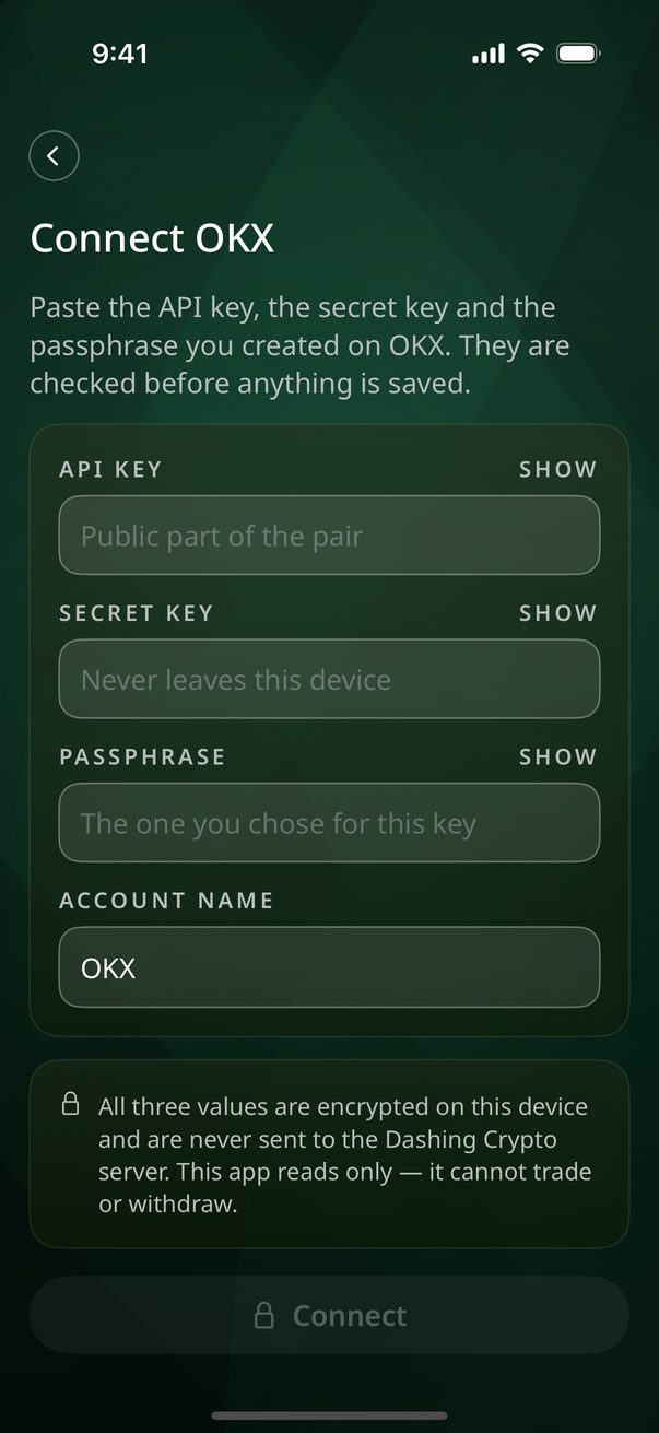 La pantalla Connect OKX (Conectar OKX): los campos API key, Secret key y Passphrase, y la nota de que la clave solo lee.